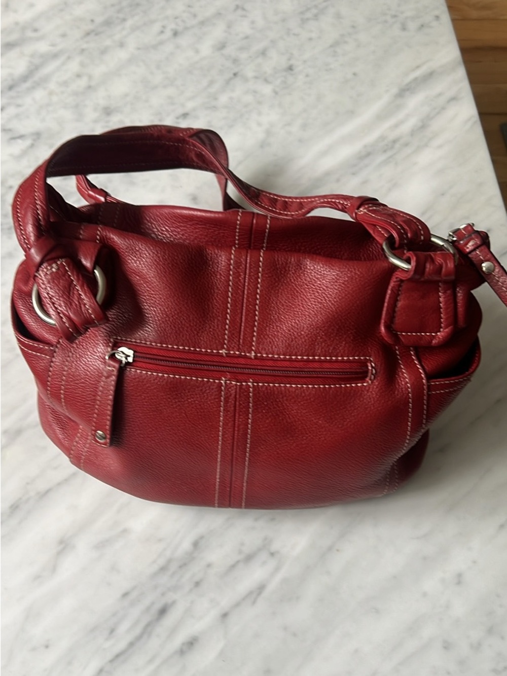 Tignanello Red Leather Shoulder Bag with Front Zip